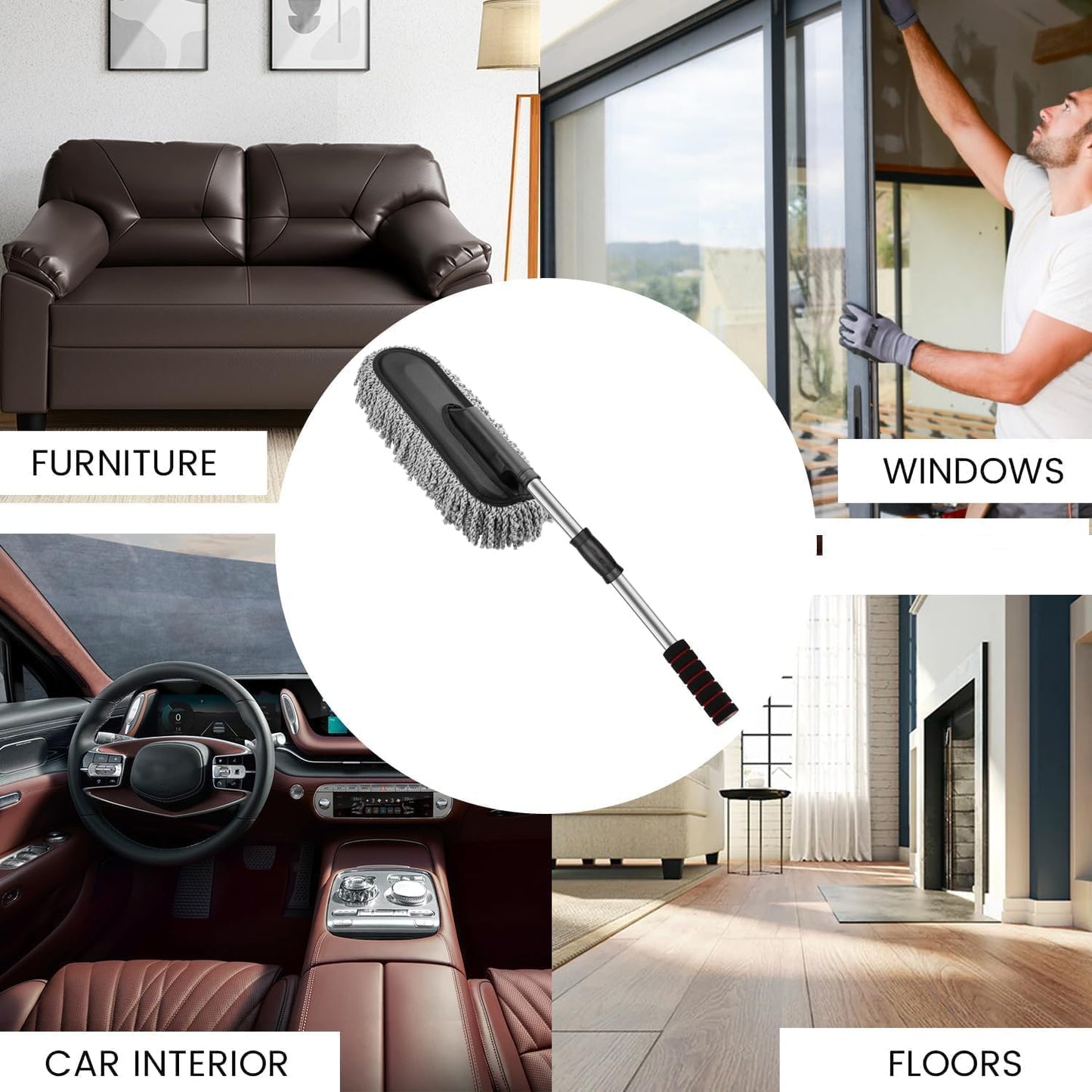 Car Dust Cleaner with Extendable Handle | Microfiber Cleaning Brush for Car, Truck, SUV | Lint-Free, Scratch-Free Auto Duster for Interior & Exterior – Washable & Reusable - Grey (Car Duster)