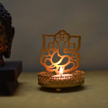 Shadow Ganesh Ji Metal Tea Light Holder (8 cm x 8 cm x 11 cm, Brown) pack of 2