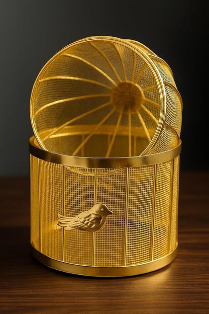 Gold Metal Bird Cage Fruit Basket, Mesh Storage Container with Bird Ornaments, 8.5x8.5x13 inch Set of 1