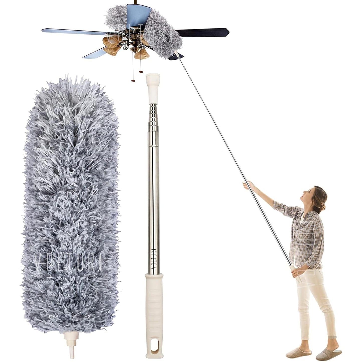 Microfiber Feather Duster Bendable & Extendable Fan Cleaning Duster with 100 inches Expandable Pole Handle Washable Duster for High Ceiling Fans,Window Blinds, Furniture (Standard)