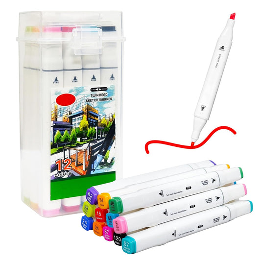 Dual Tip Marker - Highlighter Pen With Carrying Case - Stationery Set For Coloring, Drawing And Sketching - Multicolor (Box Of 12 Pcs)