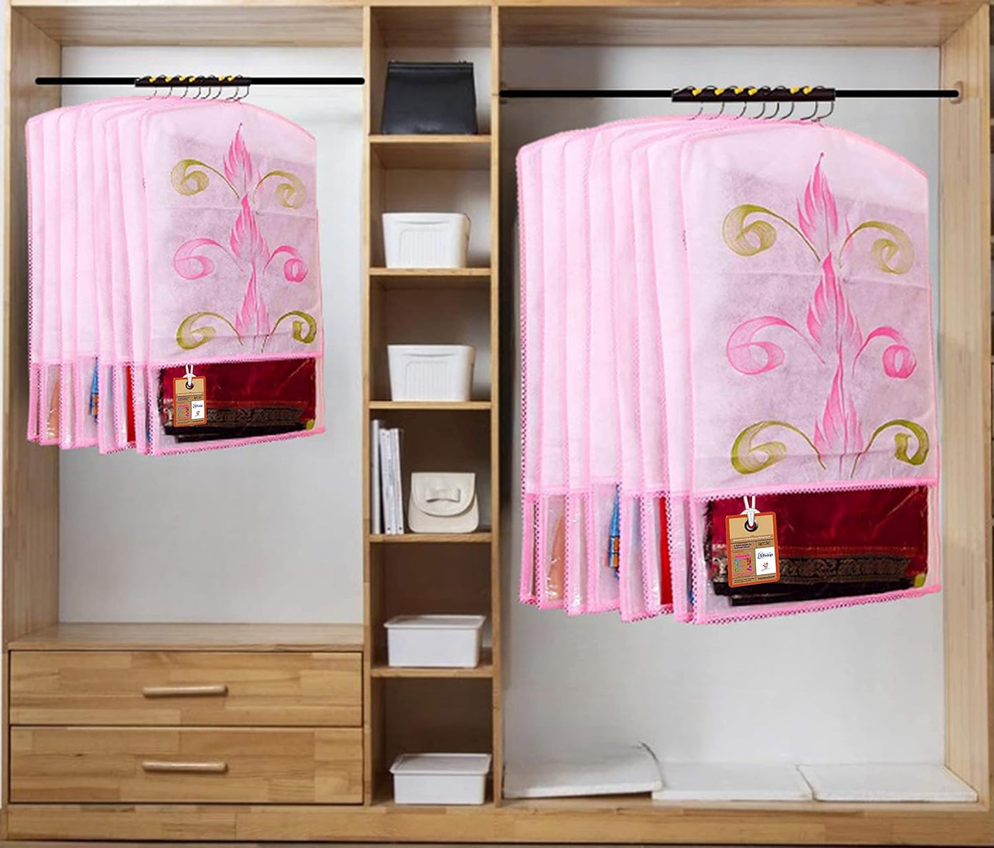 Fabric Printed Hanging Saree Cover Wardrobe Organizer (Pack of 12)