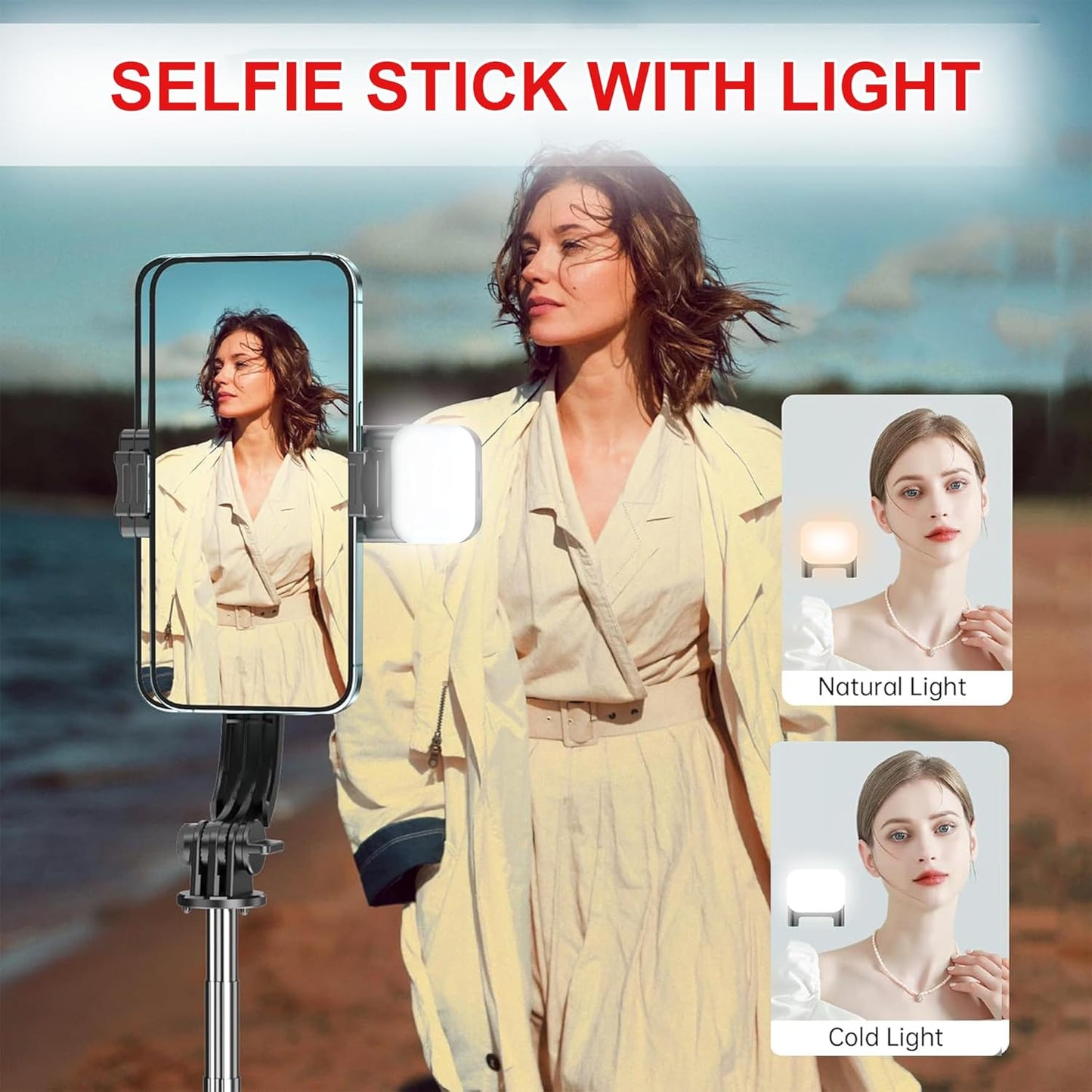 Selfie Stick with Tripod Stand, 3 in 1 Multifunctional Rechargable LED Light with Two Brighness Levels Selfie, Bluetooth Remote