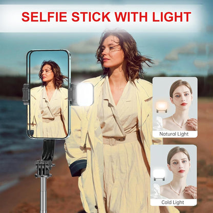 Selfie Stick with Tripod Stand, 3 in 1 Multifunctional Rechargable LED Light with Two Brighness Levels Selfie, Bluetooth Remote