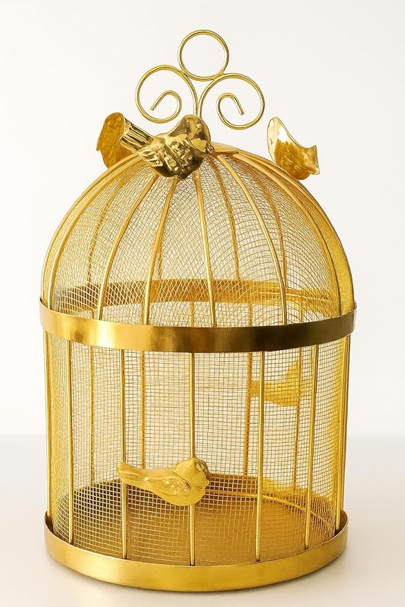 Gold Metal Bird Cage Fruit Basket, Mesh Storage Container with Bird Ornaments, 8.5x8.5x13 inch Set of 1