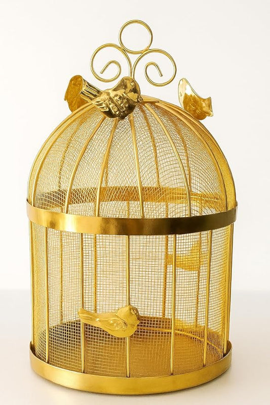 Gold Metal Bird Cage Fruit Basket, Mesh Storage Container with Bird Ornaments, 8.5x8.5x13 inch Set of 1