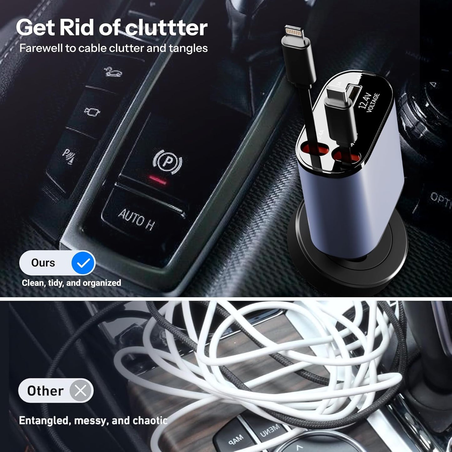 120W 4 in 1 Retractable Car Charger,Super Fast Charge Car Phone Charger,Retractable Cables & 2 USB Ports Car Adapter for Android Phones & iPhone (Grey)