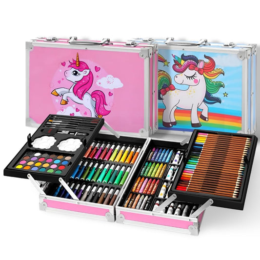 Unicorn Art&Craft Painting Box,Big Coloring Suitcase Multiple 145 Color Kit,Professional Drawing Water Color Pencils,Oil Pastel,Sketches&Acrylic Paint Brush for Girls&Boys (Unicorn)