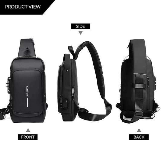 Sling Bag for Men & Women with USB Charging Port, Casual Shoulder Bag (Black/Brown/Blue - 17 x 9 x 32 Cm)