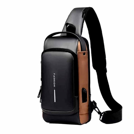 Sling Bag for Men & Women with USB Charging Port, Casual Shoulder Bag (Black/Brown/Blue - 17 x 9 x 32 Cm)